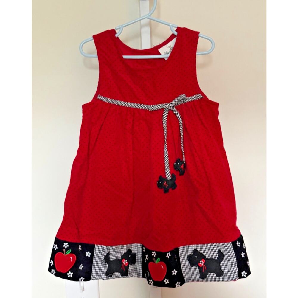Vintage Corduroy Dress Toddler Girls 4T Red Scottie Dog Cottagecore Applique 90s
